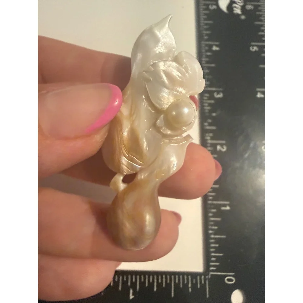 Hand Carved Mother of Pearl Shell Flower Brooch Iridescent White Gold Tone Pin